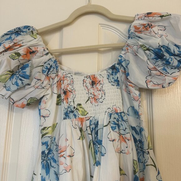 Abercrombie Emerson Poplin Puff Sleeve Mini Dress | White, Blue & Pink | X-Small - Picture 3 of 5